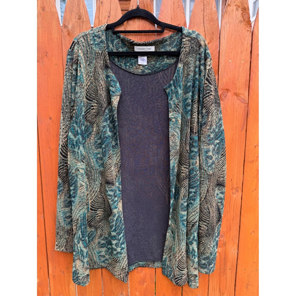 Coldwater Creek Teal Gold Metallic Beaded Open Front Cardigan XL
